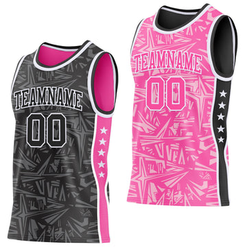 Uksn Individuelles Schwarz Weiß-Pink Seitenstreifen Sterne Geometrisch Splitter Sternenburst Wendbar Doppelseitig Sublimation Basketball-Set Trikot