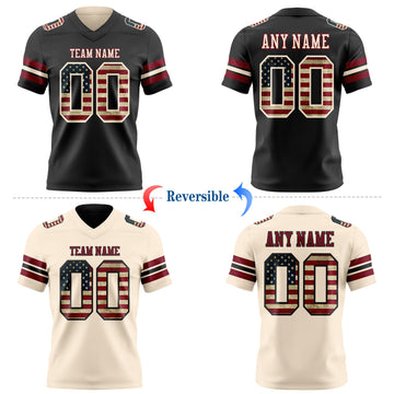 Uksn Individuelles Schwarz Vintage USA-Flagge Creme-Karmesinrot Wendbares Zweiseitiges Authentisches Football Trikot