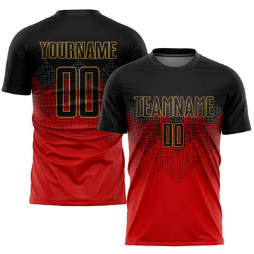 Uksn Individuelles Rot Schwarz-Altgold Sublimations-Fußballtrikot