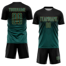 Laden Sie das Bild in den Galerie-Viewer, Uksn Individuelles Schwarz Mitternachtsgrün-Altgold Sublimations-Fußballtrikot
