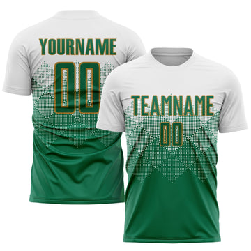 Uksn Individuelles Weiß Kelly-Grün-Altgold Sublimations-Fußballtrikot