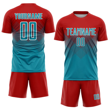 Uksn Individuelles Rot Petrol-Weiß Sublimations-Fußballtrikot