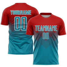 Laden Sie das Bild in den Galerie-Viewer, Uksn Individuelles Rot Petrol-Weiß Sublimations-Fußballtrikot
