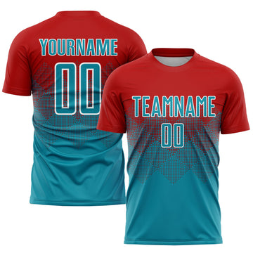 Uksn Individuelles Rot Petrol-Weiß Sublimations-Fußballtrikot
