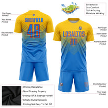 Laden Sie das Bild in den Galerie-Viewer, Uksn Individuelles Gold Puderblau-Orange Sublimations-Fußballtrikot
