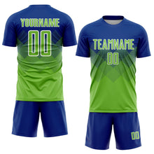 Laden Sie das Bild in den Galerie-Viewer, Uksn Individuelles Royalblau Neongrün-Weiß Sublimations-Fußballtrikot
