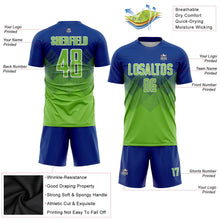 Laden Sie das Bild in den Galerie-Viewer, Uksn Individuelles Royalblau Neongrün-Weiß Sublimations-Fußballtrikot
