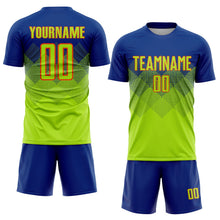 Laden Sie das Bild in den Galerie-Viewer, Uksn Individuelles Royalblau Neongrün-Orange Sublimations-Fußballtrikot

