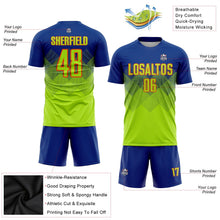 Laden Sie das Bild in den Galerie-Viewer, Uksn Individuelles Royalblau Neongrün-Orange Sublimations-Fußballtrikot
