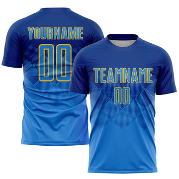 Uksn Individuelles Royalblau Puderblau-Gold Sublimations-Fußballtrikot