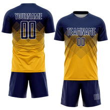 Laden Sie das Bild in den Galerie-Viewer, Uksn Individuelles Gold Marineblau-Weiß Sublimations-Fußballtrikot
