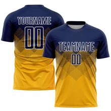 Laden Sie das Bild in den Galerie-Viewer, Uksn Individuelles Gold Marineblau-Weiß Sublimations-Fußballtrikot
