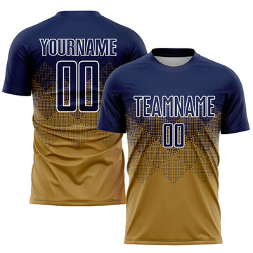 Uksn Individuelles Altgold Marineblau-Weiß Sublimations-Fußballtrikot