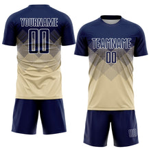 Laden Sie das Bild in den Galerie-Viewer, Uksn Individuelles Creme Marineblau-Weiß Sublimations-Fußballtrikot
