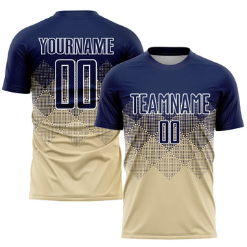 Uksn Individuelles Creme Marineblau-Weiß Sublimations-Fußballtrikot