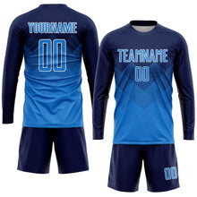 Laden Sie das Bild in den Galerie-Viewer, Uksn Individuelles Marineblau Puderblau-Weiß Sublimations-Fußballtrikot
