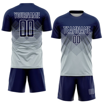 Uksn Individuelles Silber Marineblau-Weiß Sublimations-Fußballtrikot