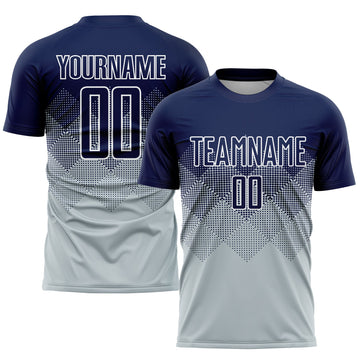 Uksn Individuelles Silber Marineblau-Weiß Sublimations-Fußballtrikot
