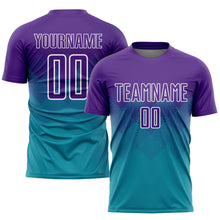 Laden Sie das Bild in den Galerie-Viewer, Uksn Individuelles Petrol Violett-Weiß Sublimations-Fußballtrikot
