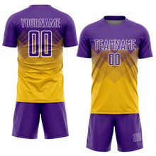 Laden Sie das Bild in den Galerie-Viewer, Uksn Individuelles Gold Violett-Weiß Sublimations-Fußballtrikot
