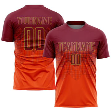 Uksn Individuelles Orange Karmesinrot-Altgold Sublimations-Fußballtrikot