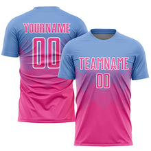 Laden Sie das Bild in den Galerie-Viewer, Uksn Individuelles Hellblau Pink-Weiß Sublimations-Fußballtrikot
