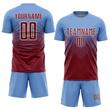 Uksn Individuelles Hellblau Karmesinrot-Creme Sublimations-Fußballtrikot
