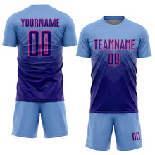 Laden Sie das Bild in den Galerie-Viewer, Uksn Individuelles Hellblau Dunkelviolett-Pink Sublimations-Fußballtrikot
