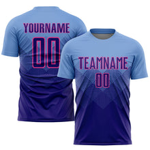 Laden Sie das Bild in den Galerie-Viewer, Uksn Individuelles Hellblau Dunkelviolett-Pink Sublimations-Fußballtrikot

