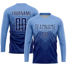 Laden Sie das Bild in den Galerie-Viewer, Uksn Individuelles Hellblau Marineblau-Weiß Sublimations-Fußballtrikot
