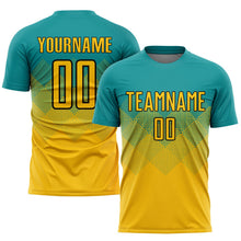 Laden Sie das Bild in den Galerie-Viewer, Uksn Individuelles Petrol Gold-Schwarz Sublimations-Fußballtrikot
