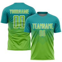 Laden Sie das Bild in den Galerie-Viewer, Uksn Individuelles Petrol Neongrün-Weiß Sublimations-Fußballtrikot

