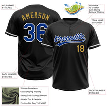 Laden Sie das Bild in den Galerie-Viewer, Uksn Individuelles Schwarz Royalblau-Altgold Zweiknopf Unisex Softball-Trikot
