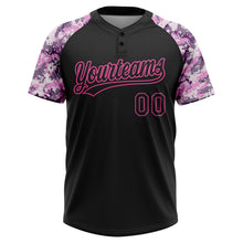Laden Sie das Bild in den Galerie-Viewer, Uksn Individuelles Schwarz Pink Muster Ehrung des Dienstes Camouflage Raglanärmel Zweiknopf Unisex Softball-Trikot

