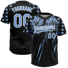 Laden Sie das Bild in den Galerie-Viewer, Uksn Individuelles Schwarz Hellblau-Weiß Used-Look Kratzer Pinselstrich Stern Raglanärmel Zweiknopf Unisex Softball-Trikot
