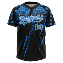 Laden Sie das Bild in den Galerie-Viewer, Uksn Individuelles Schwarz Elektrisch Blau-Weiß Used-Look Kratzer Pinselstrich Stern Raglanärmel Zweiknopf Unisex Softball-Trikot
