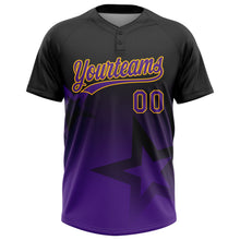 Laden Sie das Bild in den Galerie-Viewer, Uksn Individuelles Schwarz Violett-Gold Farbverlauf-Stil Funkelnder Stern Zweiknopf Unisex Softball-Trikot
