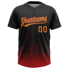 Laden Sie das Bild in den Galerie-Viewer, Uksn Individuelles Schwarz Altgold-Rot San Francisco City Edition Farbverlauf Zweiknopf Unisex Softball-Trikot
