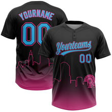 Laden Sie das Bild in den Galerie-Viewer, Uksn Individuelles Schwarz Himmelblau-Pink Miami City Edition Farbverlauf Zweiknopf Unisex Softball-Trikot
