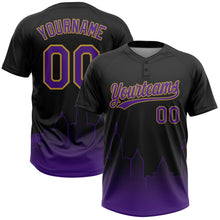 Laden Sie das Bild in den Galerie-Viewer, Uksn Individuelles Schwarz Violett-Altgold Baltimore City Edition Farbverlauf Zweiknopf Unisex Softball-Trikot
