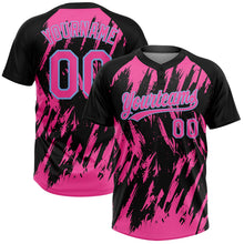 Laden Sie das Bild in den Galerie-Viewer, Uksn Individuelles Schwarz Pink-Hellblau Spritzklecks zerrissener scharfer Pinselstrich Zweiknopf Unisex Softball-Trikot
