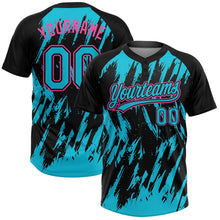 Laden Sie das Bild in den Galerie-Viewer, Uksn Individuelles Schwarz Lakes Blau-Pink Spritzklecks zerrissener scharfer Pinselstrich Zweiknopf Unisex Softball-Trikot
