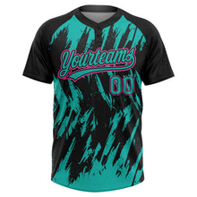 Laden Sie das Bild in den Galerie-Viewer, Uksn Individuelles Schwarz Aqua-Pink Spritzklecks zerrissener scharfer Pinselstrich Zweiknopf Unisex Softball-Trikot
