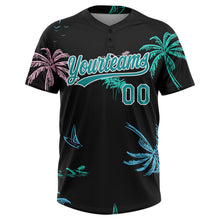 Laden Sie das Bild in den Galerie-Viewer, Uksn Individuelles Schwarz Petrol-Weiß Hawaii Palmen Zweiknopf Unisex Softball-Trikot
