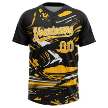 Laden Sie das Bild in den Galerie-Viewer, Uksn Individuelles Schwarz Gold-Weiß Raglanärmel Abstrakt fließender Marmor Zweiknopf Unisex Softball-Trikot
