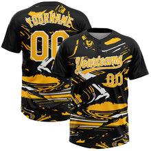 Laden Sie das Bild in den Galerie-Viewer, Uksn Individuelles Schwarz Gold-Weiß Raglanärmel Abstrakt fließender Marmor Zweiknopf Unisex Softball-Trikot
