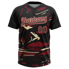 Laden Sie das Bild in den Galerie-Viewer, Uksn Individuelles Schwarz Karmesinrot Creme-Creme Raglanärmel Abstrakt fließender Marmor Zweiknopf Unisex Softball-Trikot

