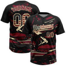 Laden Sie das Bild in den Galerie-Viewer, Uksn Individuelles Schwarz Vintage USA-Flagge Karmesinrot Creme-Creme Raglanärmel Abstrakt fließender Marmor Zweiknopf Unisex Softball-Trikot
