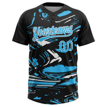 Laden Sie das Bild in den Galerie-Viewer, Uksn Individuelles Schwarz Himmelblau-Weiß Raglanärmel Abstrakt fließender Marmor Zweiknopf Unisex Softball-Trikot
