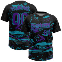 Laden Sie das Bild in den Galerie-Viewer, Uksn Individuelles Schwarz Violett-Petrol Raglanärmel Abstrakt fließender Marmor Zweiknopf Unisex Softball-Trikot
